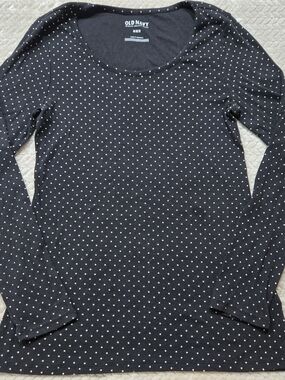 Vtg Old Navy Polka Dot Shirt Womens M Black Long Sleeve Knit Scoop Neck